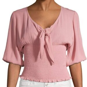 No Boundaries Women’s Pink/Rose Tie Front Smocked Puff Sleeve Woven Top Size : M